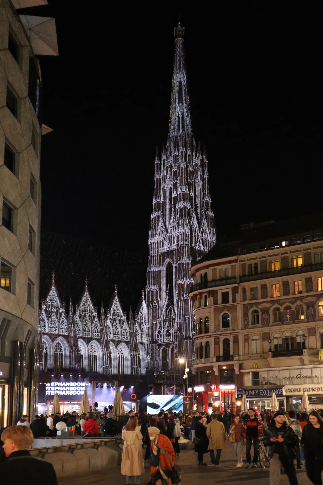 Weiße architektonische Konturprojektion auf die Domfassade – AUSTRIA FOR LIFE, Stephansdom, Wien, Österreich