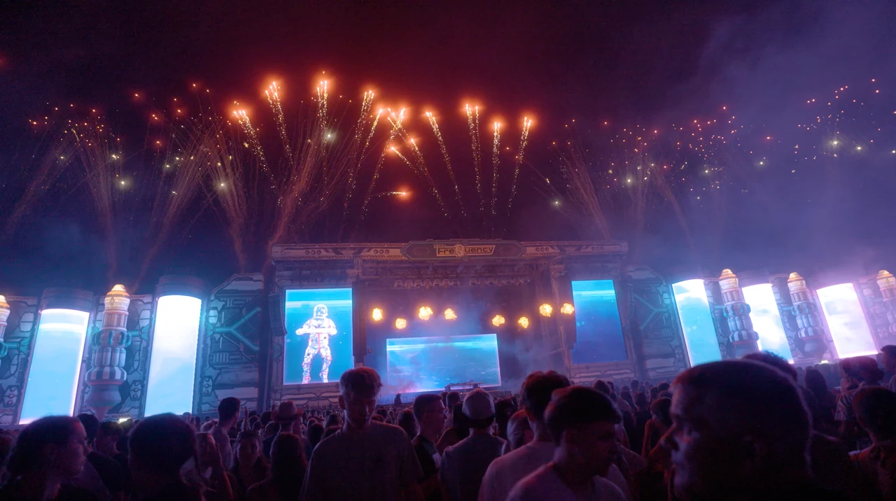Blue stage visuals beneath fireworks – FREQUENCY FESTIVAL, Sankt Pölten, Austria