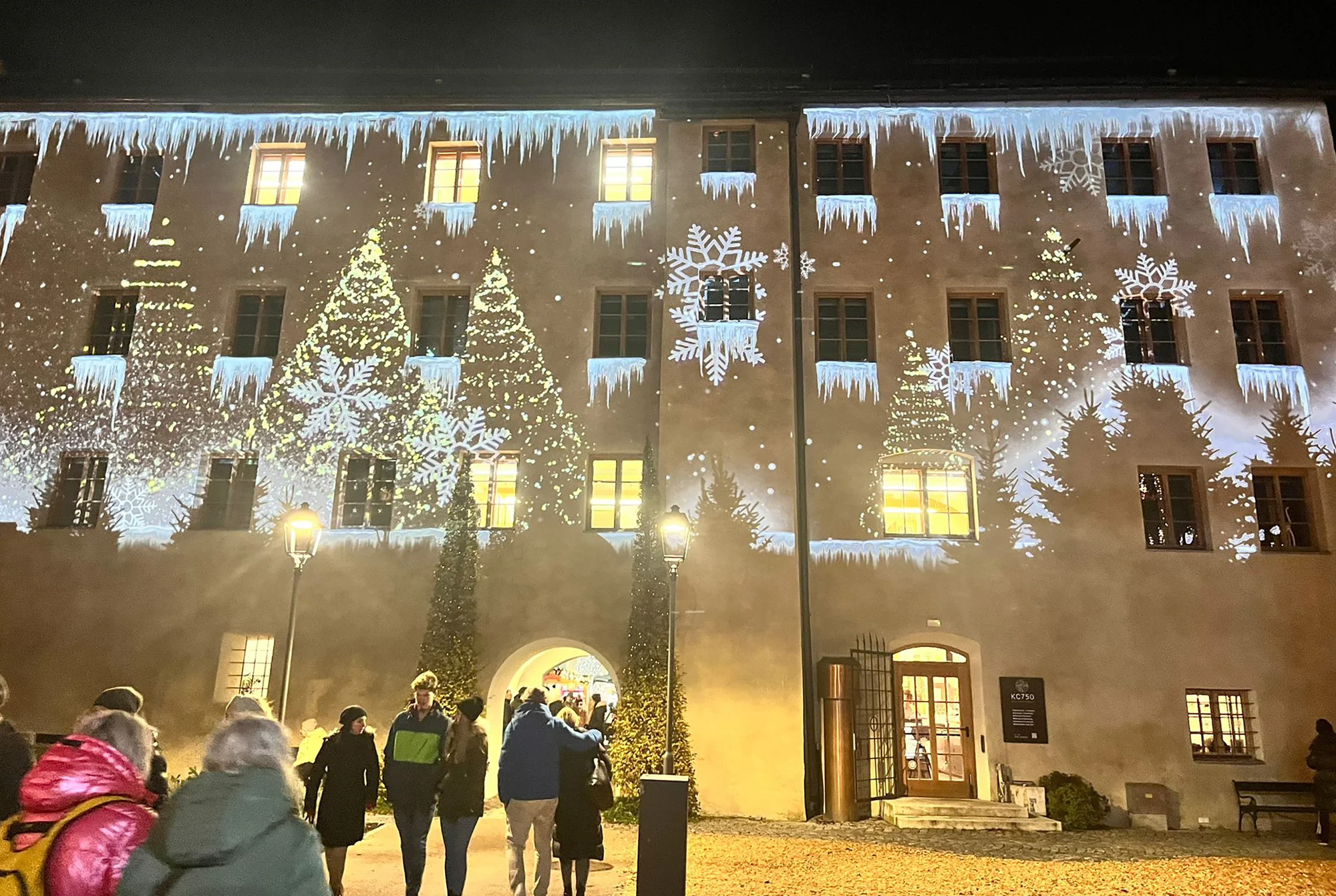 Weiße Schneeflocken und Weihnachtsbäume als Fassadenprojektion vor Besuchern