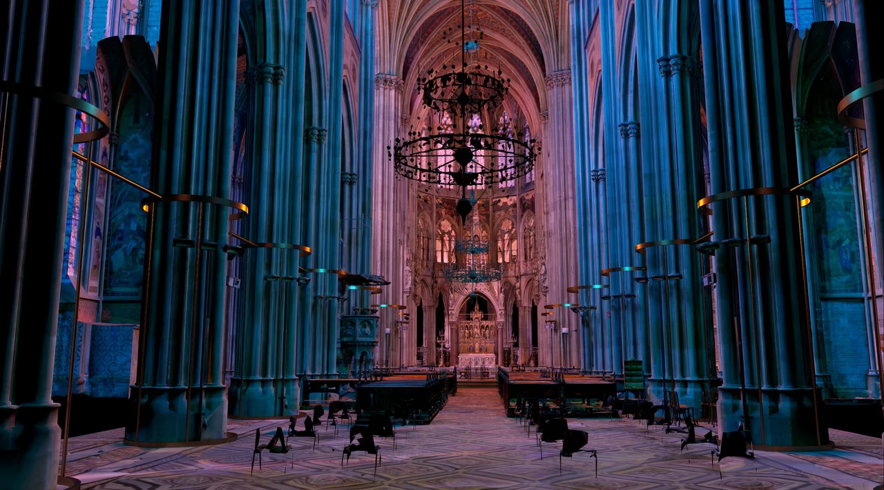 Blue and pink projections inside the church nave – LIGHT OF CREATION, Votivkirche, Vienna, Austria
