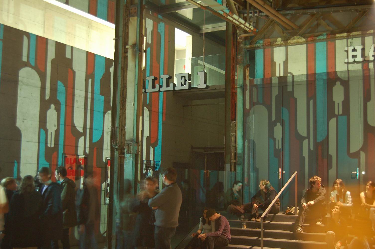 Guests in front of striped projections on the hall walls – Nokia Trends - Zürich, Schiffbau, Zürich, Switzerland