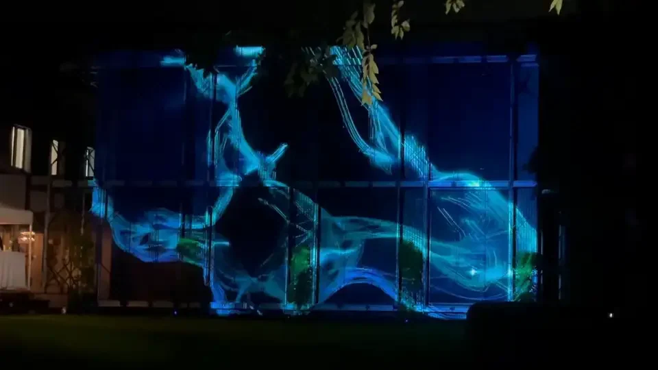 Blaue Tier- und Naturmotive als Fassadenprojektion bei Nacht – TERRA MATER, Wien, Österreich