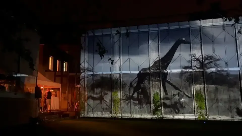 Dinosauriermotiv als Fassadenprojektion über mehrere Fenster – TERRA MATER, Wien, Österreich