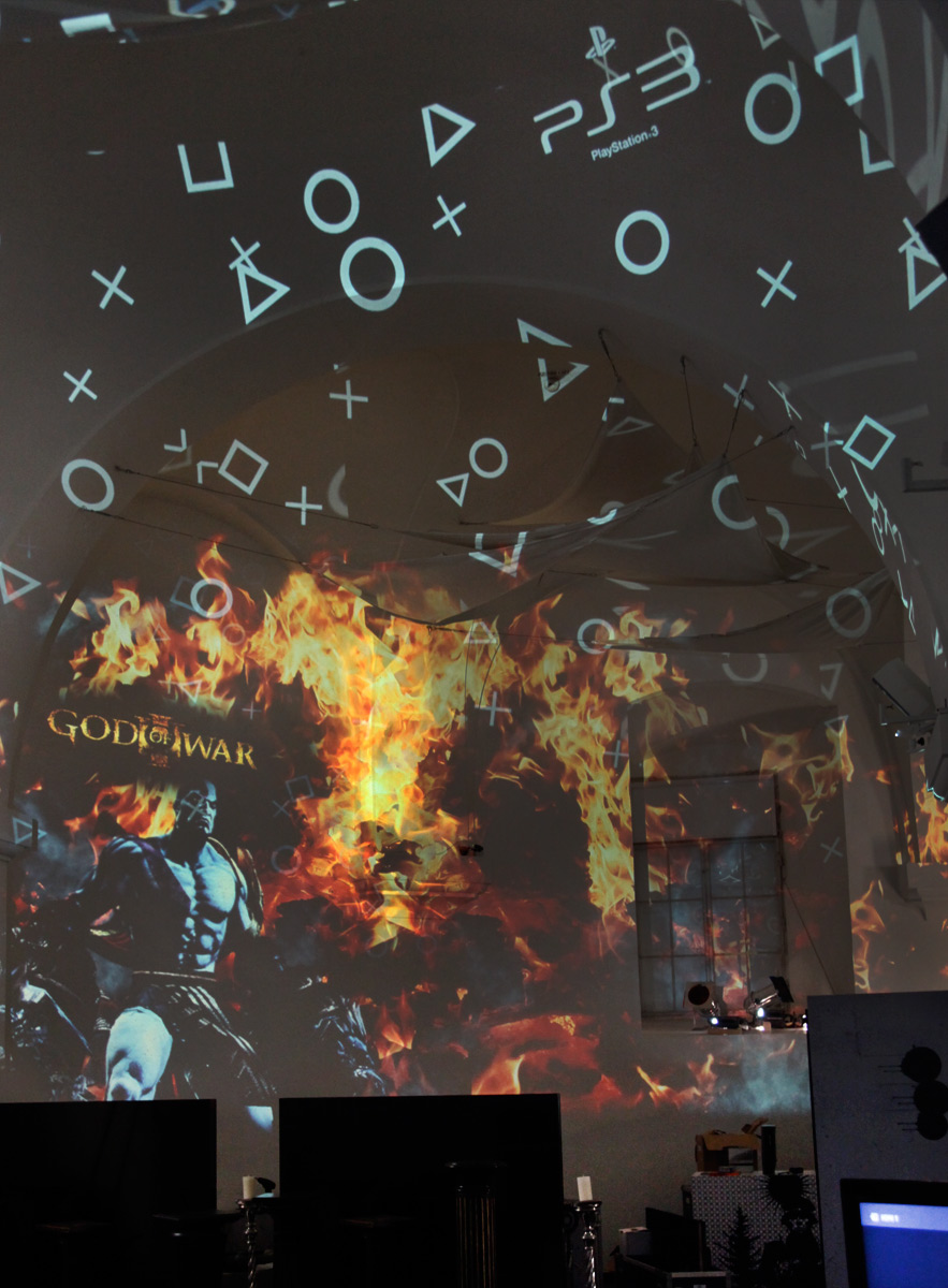 PlayStation symbols projected onto walls and ceiling – Sony PlayStation, Ovalhalle, MuseumsQuartier, Vienna, Austria