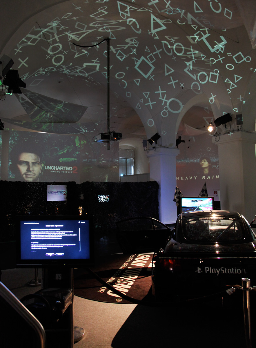 PlayStation symbols projected onto walls and ceiling – Sony PlayStation, Ovalhalle, MuseumsQuartier, Vienna, Austria