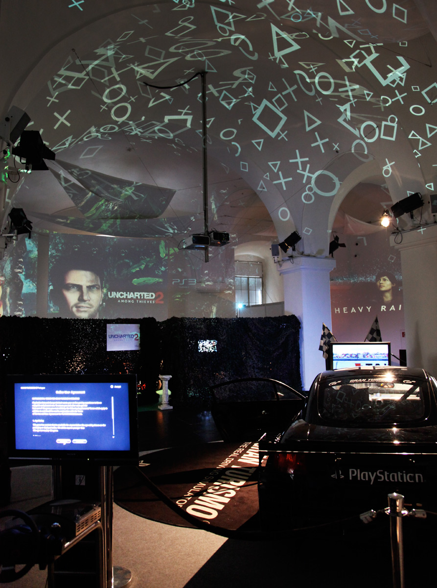 PlayStation symbols projected onto walls and ceiling – Sony PlayStation, Ovalhalle, MuseumsQuartier, Vienna, Austria