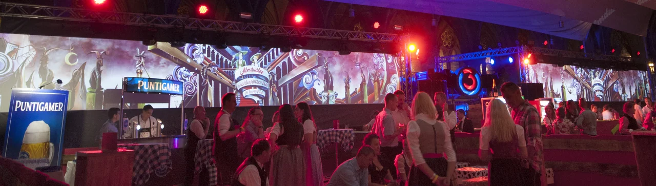 Illustrations as a panoramic projection behind ball guests – ALMDUDLER TRACHTEN-PÄRCHENBALL, City Hall, Vienna, Austria