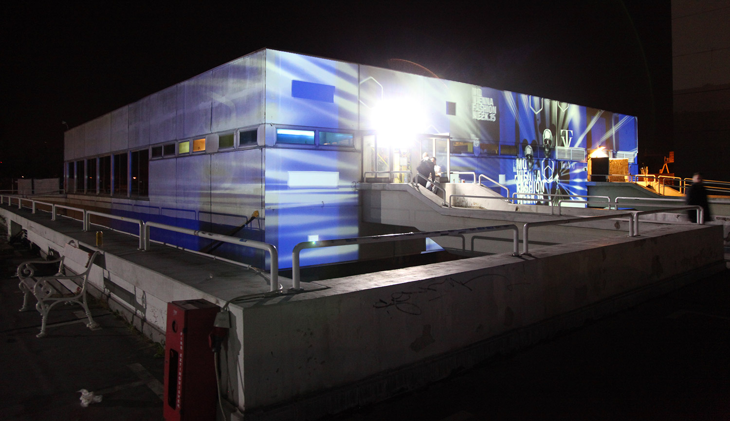 Blue and white stripes as facade mapping at night – Fashion Week Afterparty, Kantine, Vienna, Austria