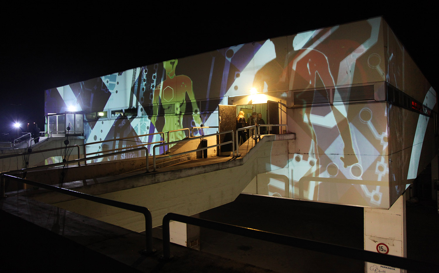 Geometric forms mapped across several sides of a building – Fashion Week Afterparty, Kantine, Vienna, Austria