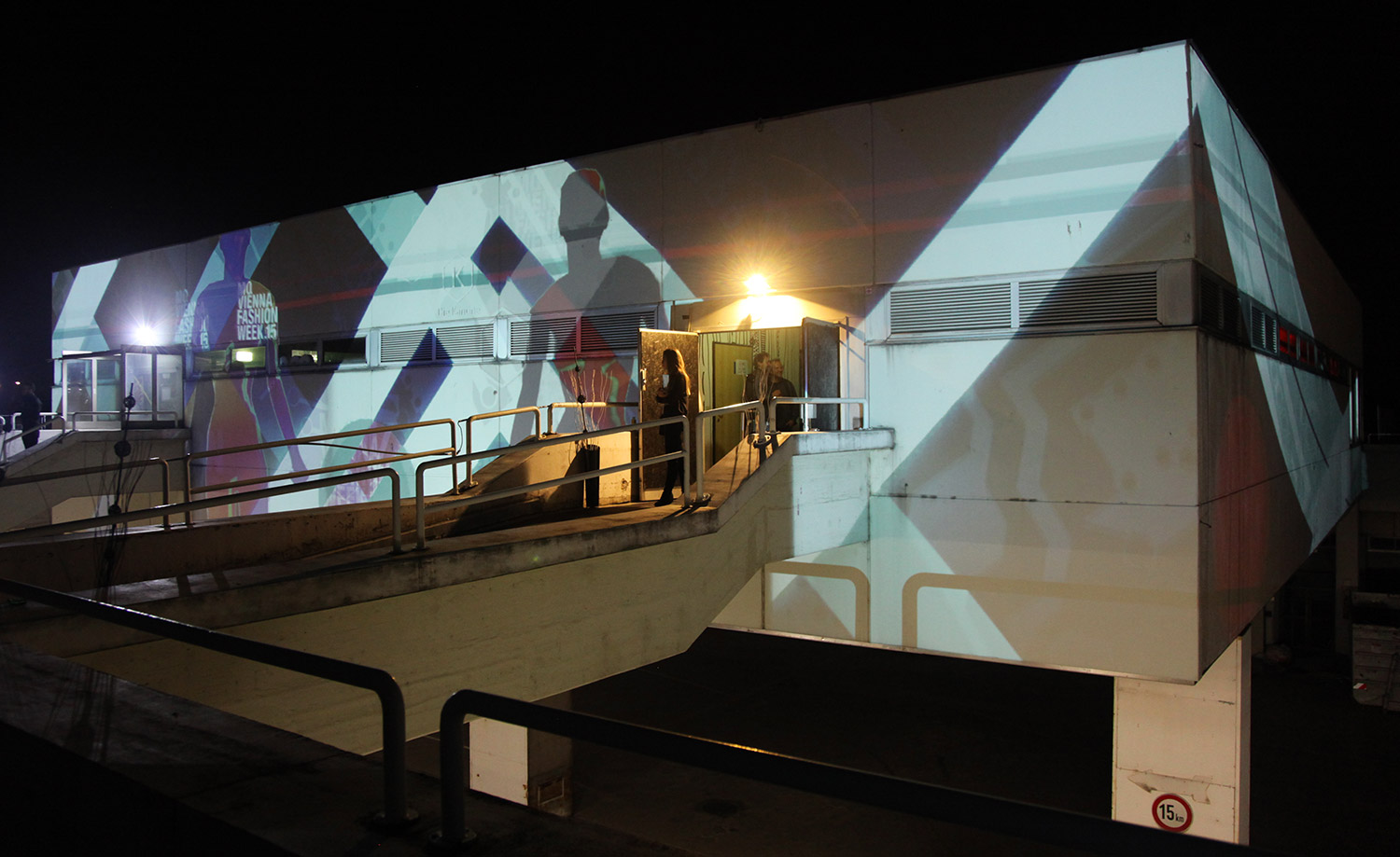 Geometric forms mapped across several sides of a building – Fashion Week Afterparty, Kantine, Vienna, Austria