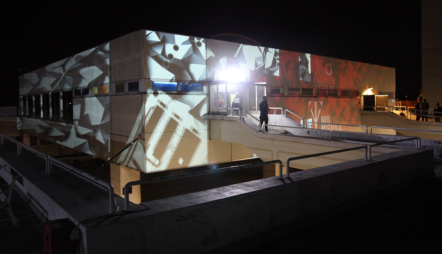 Geometric forms mapped across several sides of a building – Fashion Week Afterparty, Kantine, Vienna, Austria