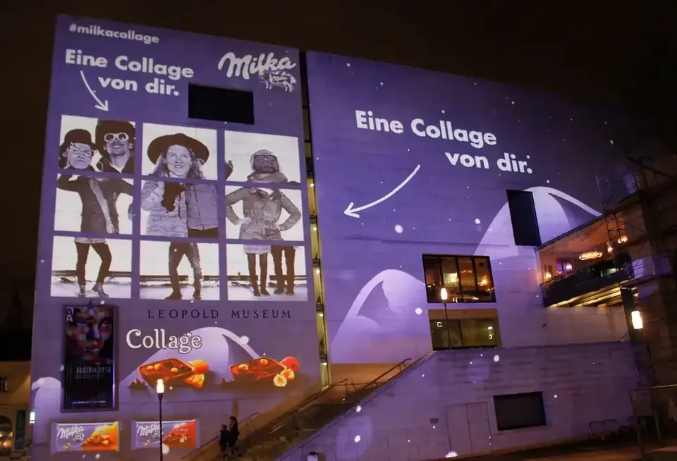 Nahansicht der projizierten Fotocollage auf einer Museumsecke – MILKA, Leopold Museum, Wien, Österreich