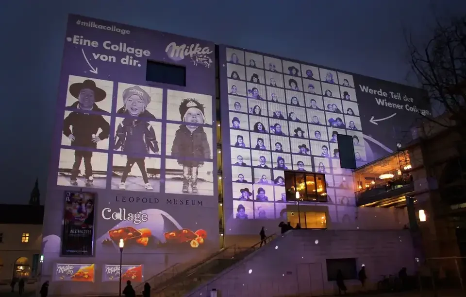 Nahansicht der projizierten Fotocollage auf einer Museumsecke – MILKA, Leopold Museum, Wien, Österreich