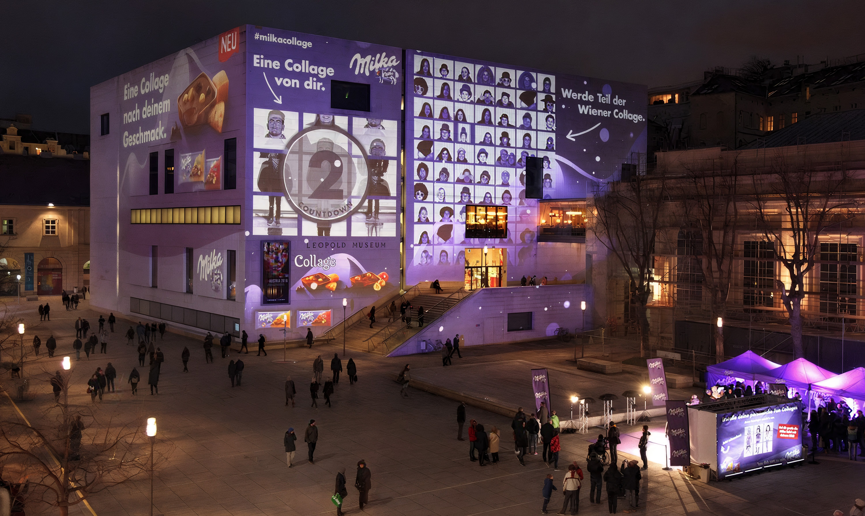 Porträtfotos als großflächige Collage auf der Museumsfassade – MILKA, Leopold Museum, Wien, Österreich