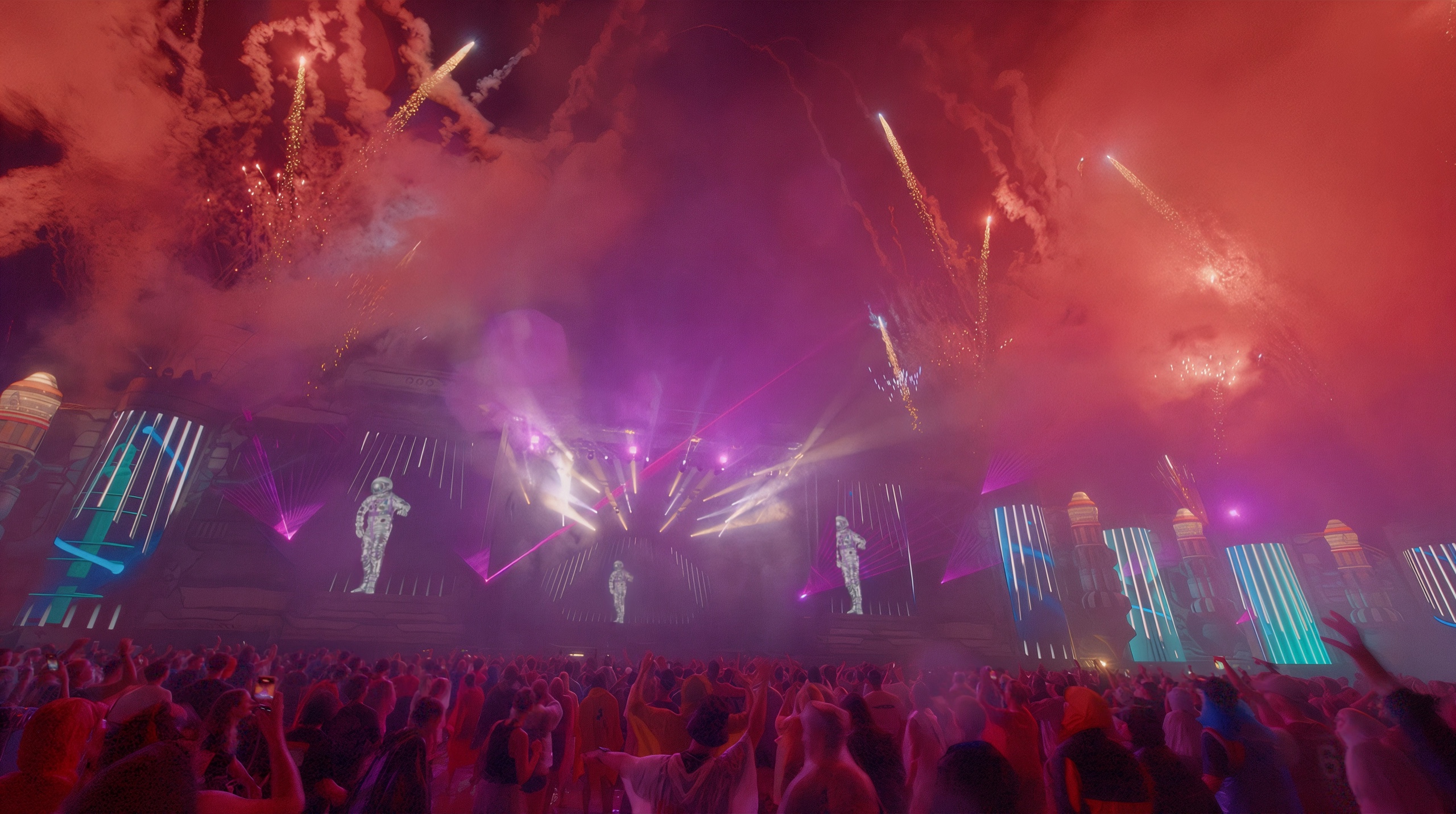 Feuerwerk über Videoflächen und Konzertpublikum – FREQUENCY FESTIVAL, Sankt Pölten, Österreich