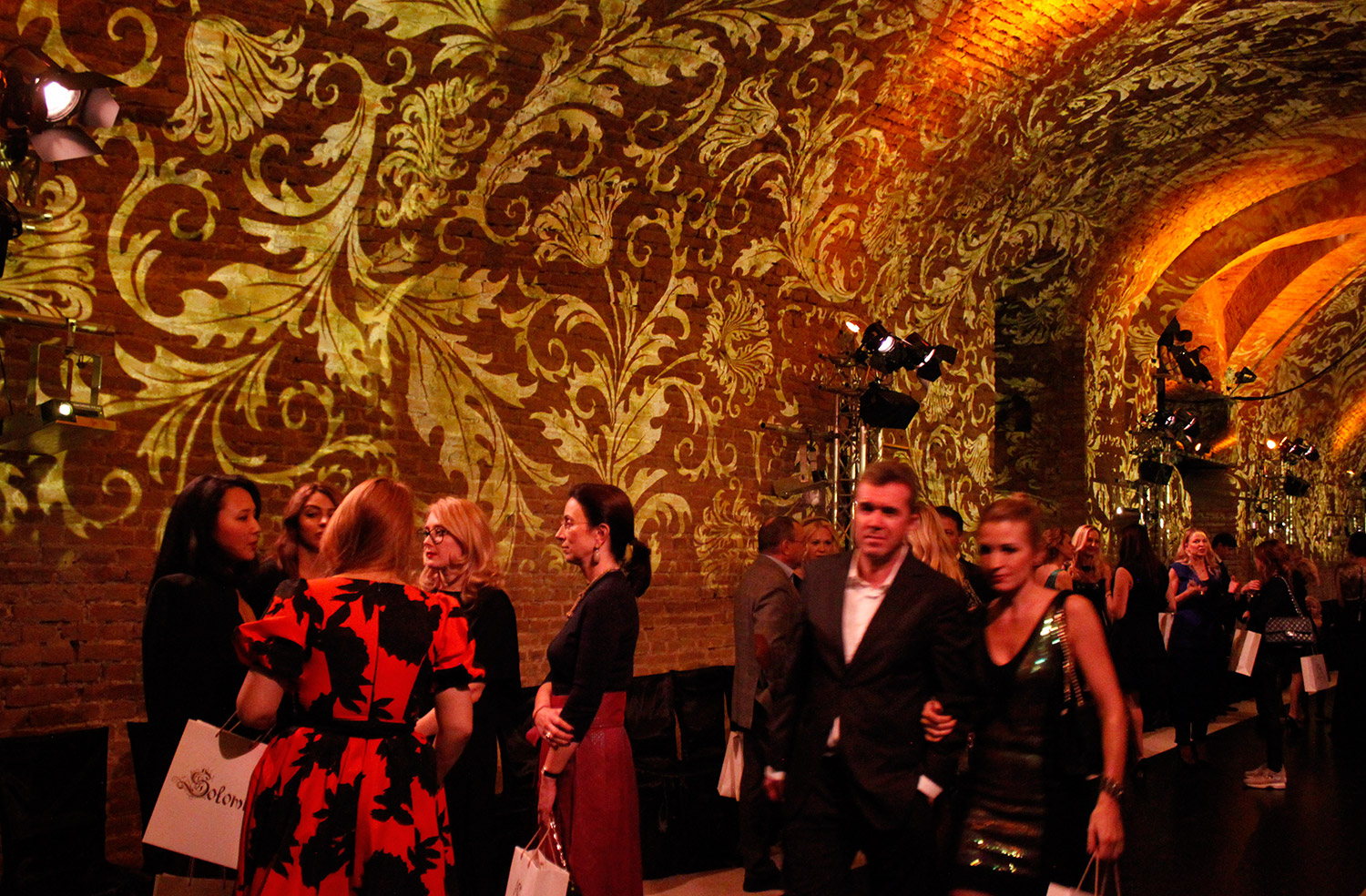 Guests in the vaulted room with golden ornamental projections – Solomia Modenschau, Palais Coburg, Vienna, Austria