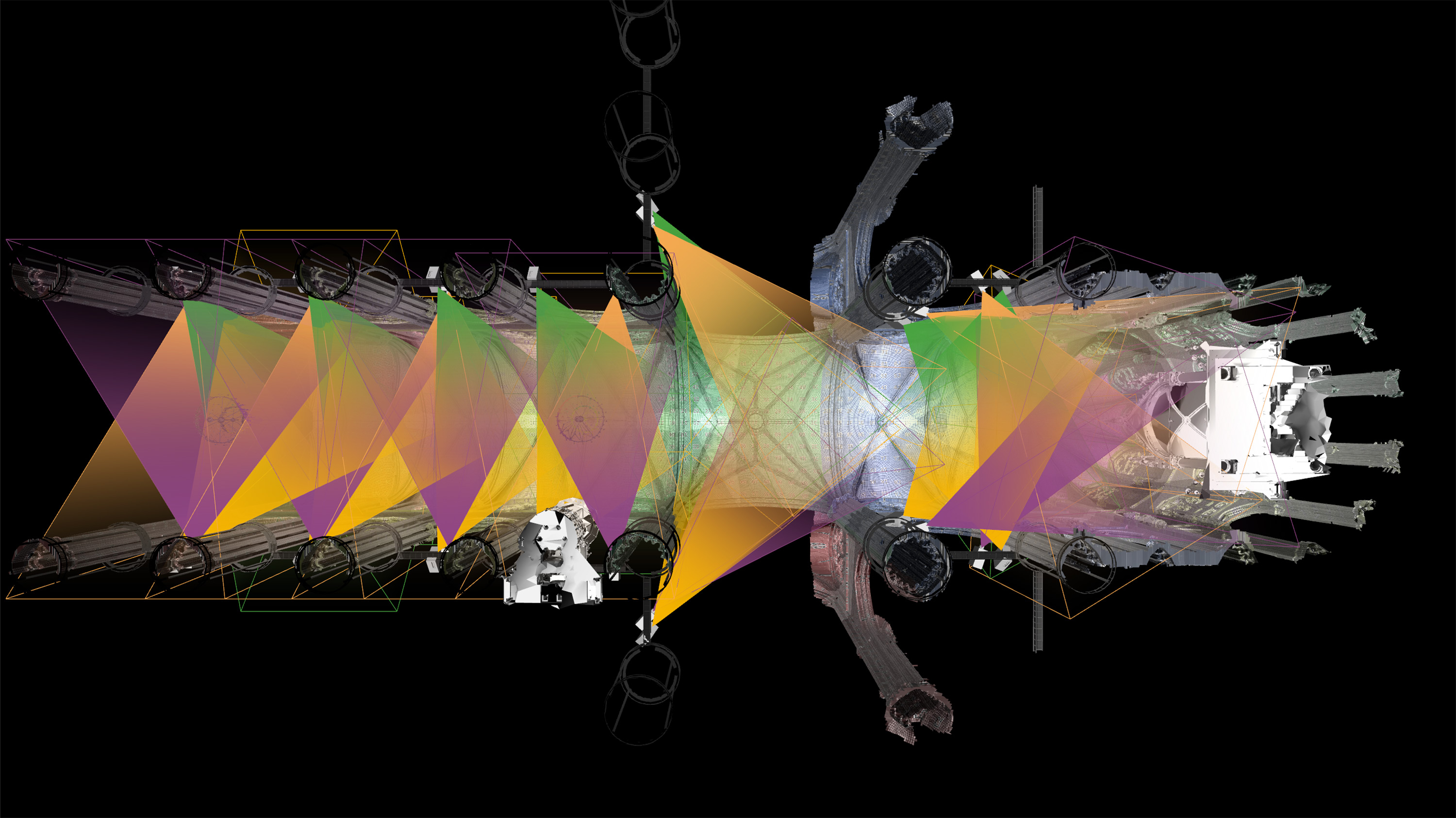 3D-Planungsmodell mit Projektoren und Projektionskegeln – LIGHT OF CREATION, Votivkirche, Wien, Österreich