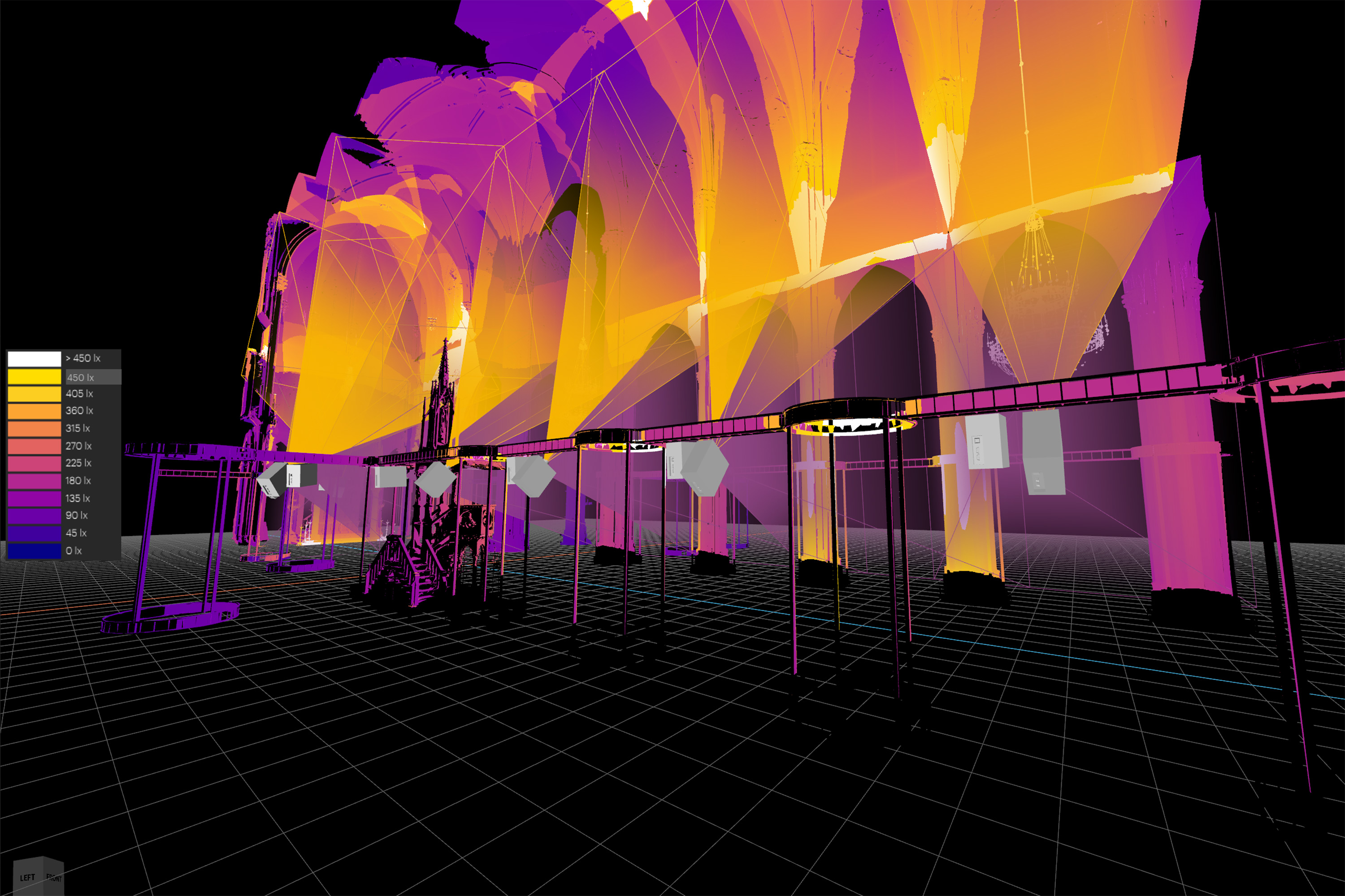 3D-Planungsmodell mit Projektoren und Projektionskegeln – LIGHT OF CREATION, Votivkirche, Wien, Österreich