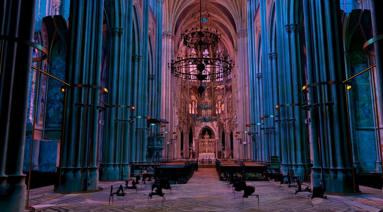 Blaue und rosa Projektionen im Kirchenschiff – LIGHT OF CREATION, Votivkirche, Wien, Österreich