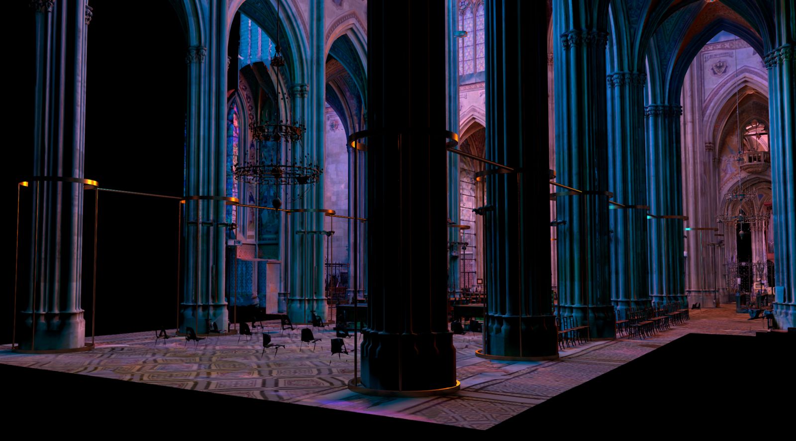 Seitliche Ansicht der projizierten Kirchensäulen – LIGHT OF CREATION, Votivkirche, Wien, Österreich