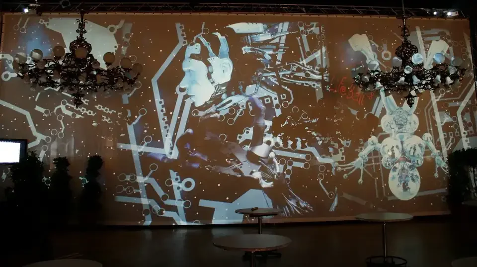 Illustrationen und Porträtmotive als Panoramaprojektion im Saal – LIFE BALL, Rathaus, Wien, Österreich