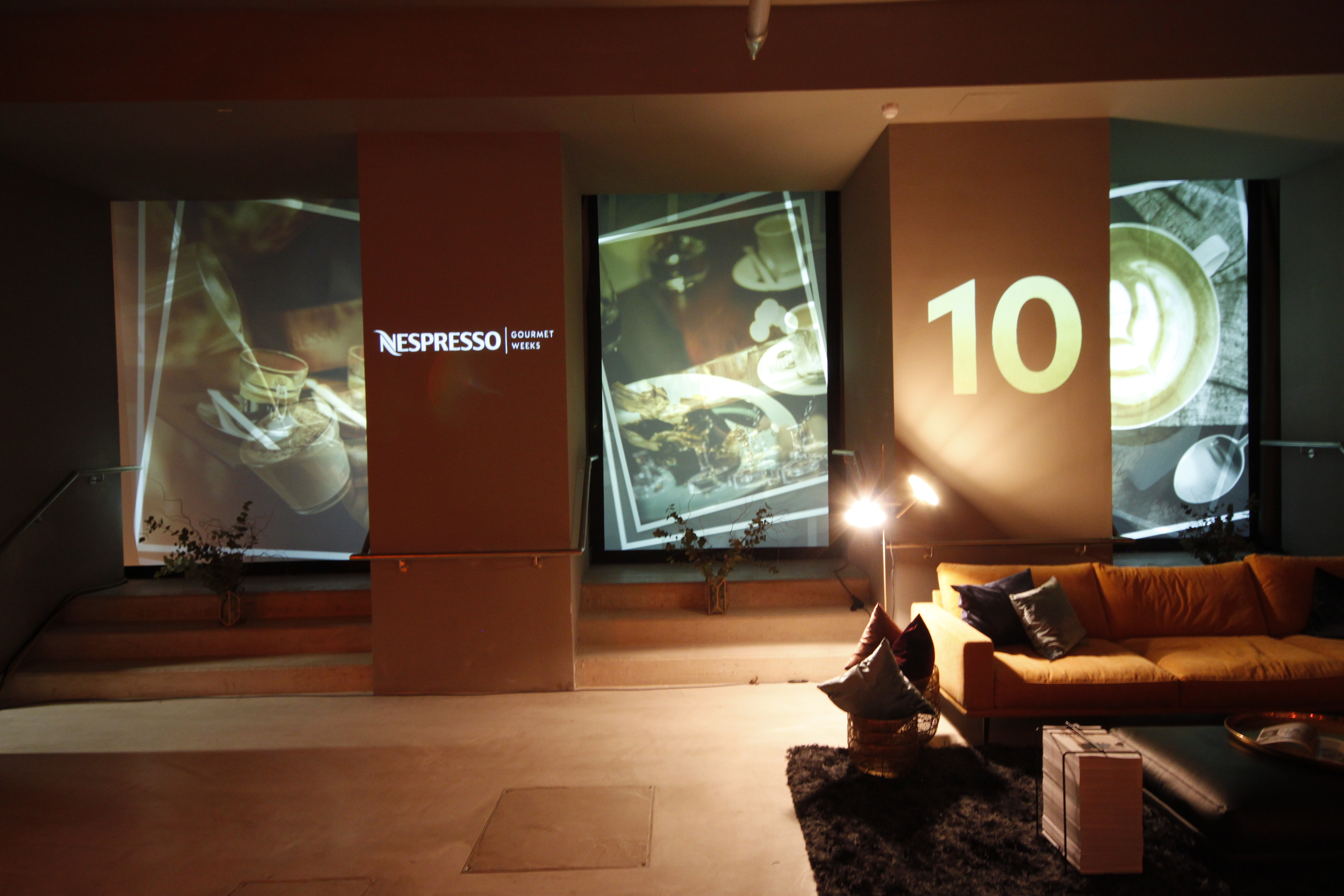Nespresso imagery and anniversary lettering projected around the room – Nespresso, Palais Wertheim, Vienna, Austria