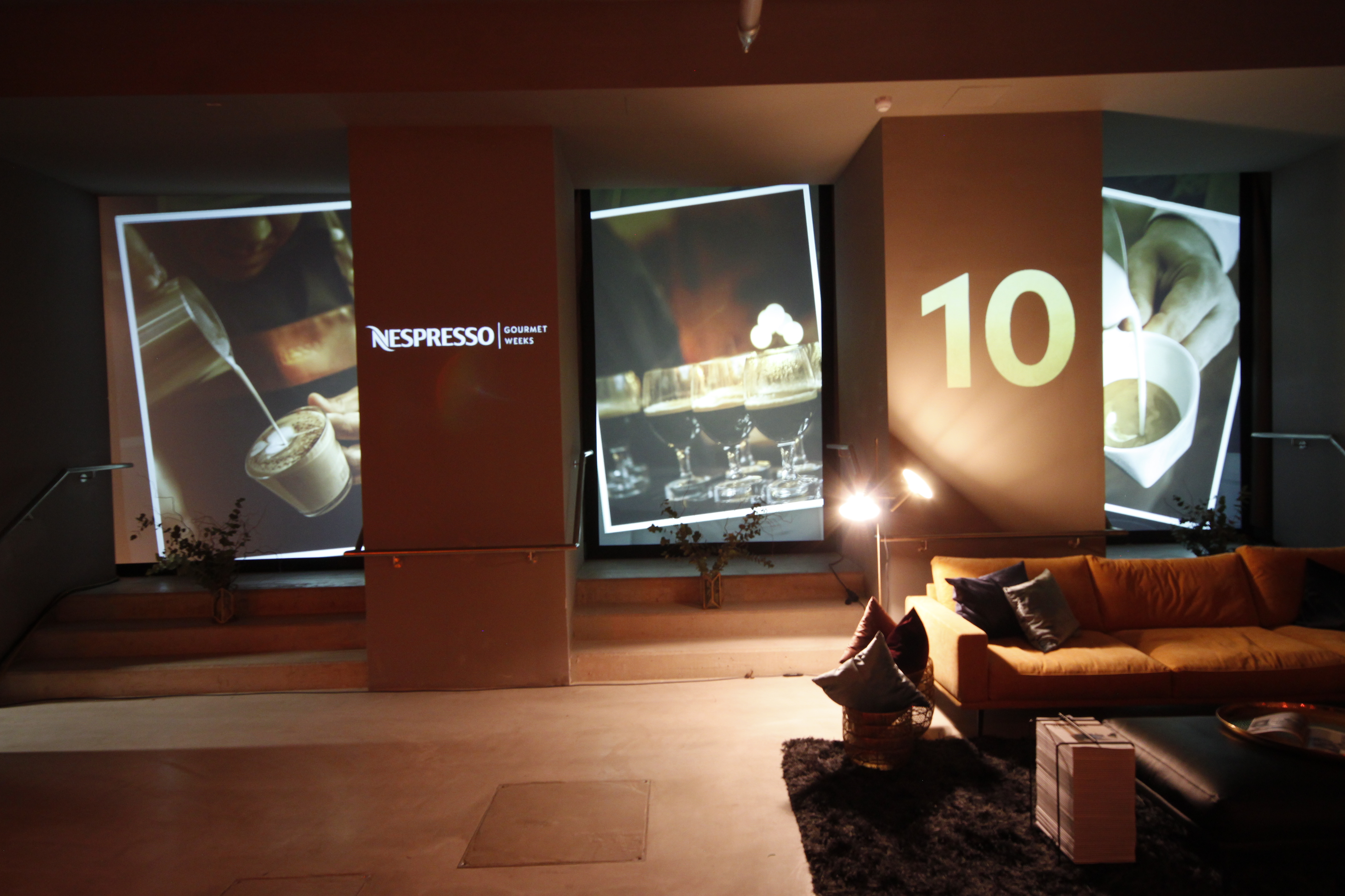 Nespresso imagery and anniversary lettering projected around the room – Nespresso, Palais Wertheim, Vienna, Austria