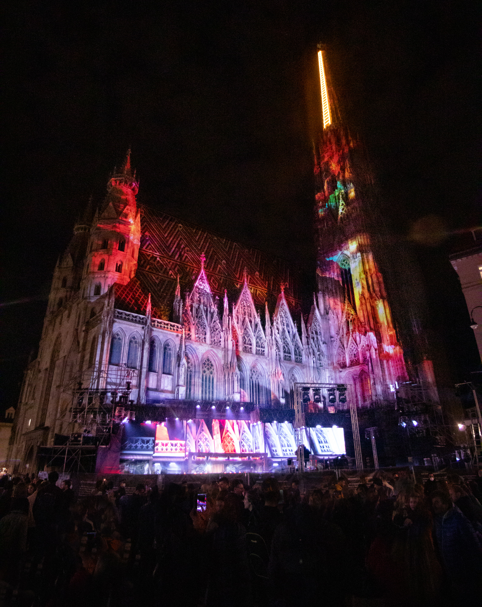 Vielschichtige Texturmotive auf der Domfassade bei Nacht – AUSTRIA FOR LIFE, Stephansdom, Wien, Österreich