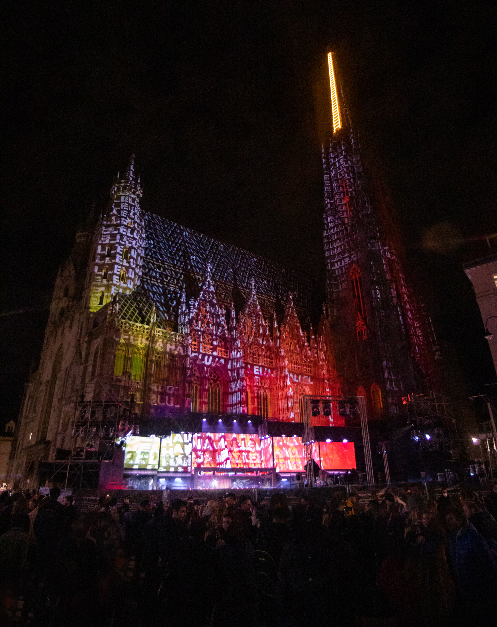Vielschichtige Texturmotive auf der Domfassade bei Nacht – AUSTRIA FOR LIFE, Stephansdom, Wien, Österreich