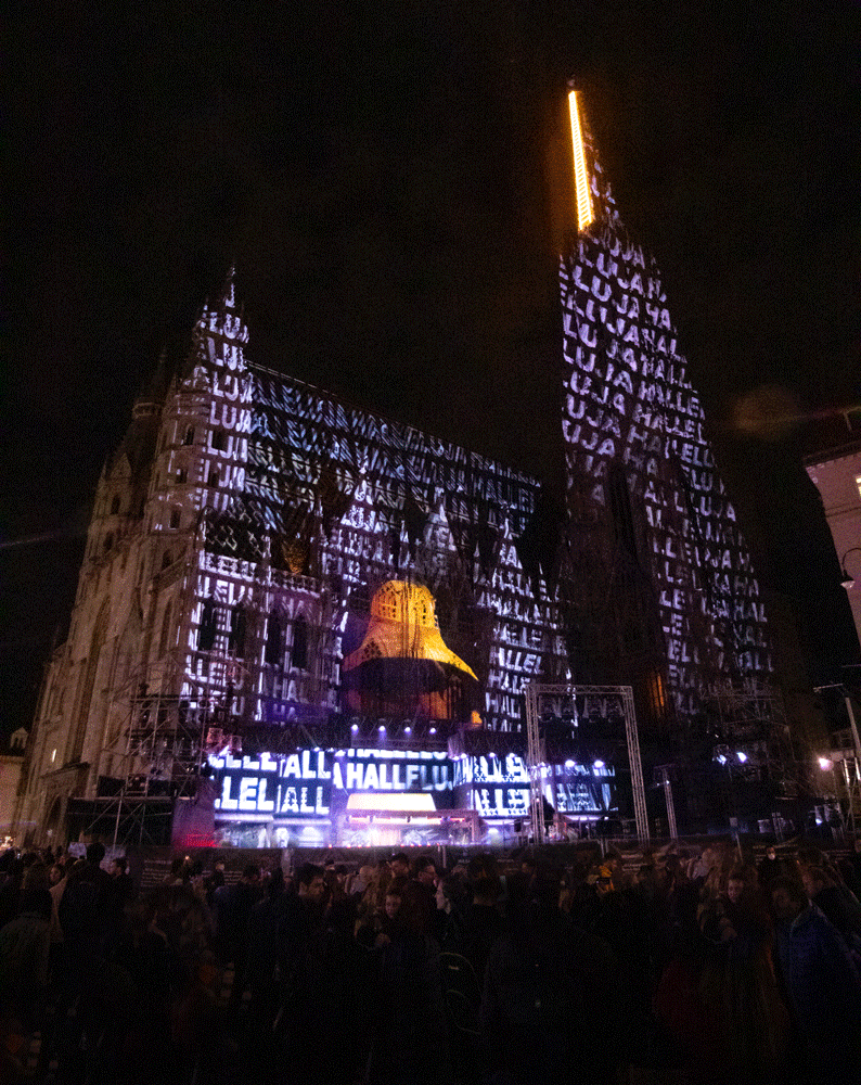 Vielschichtige Texturmotive auf der Domfassade bei Nacht – AUSTRIA FOR LIFE, Stephansdom, Wien, Österreich